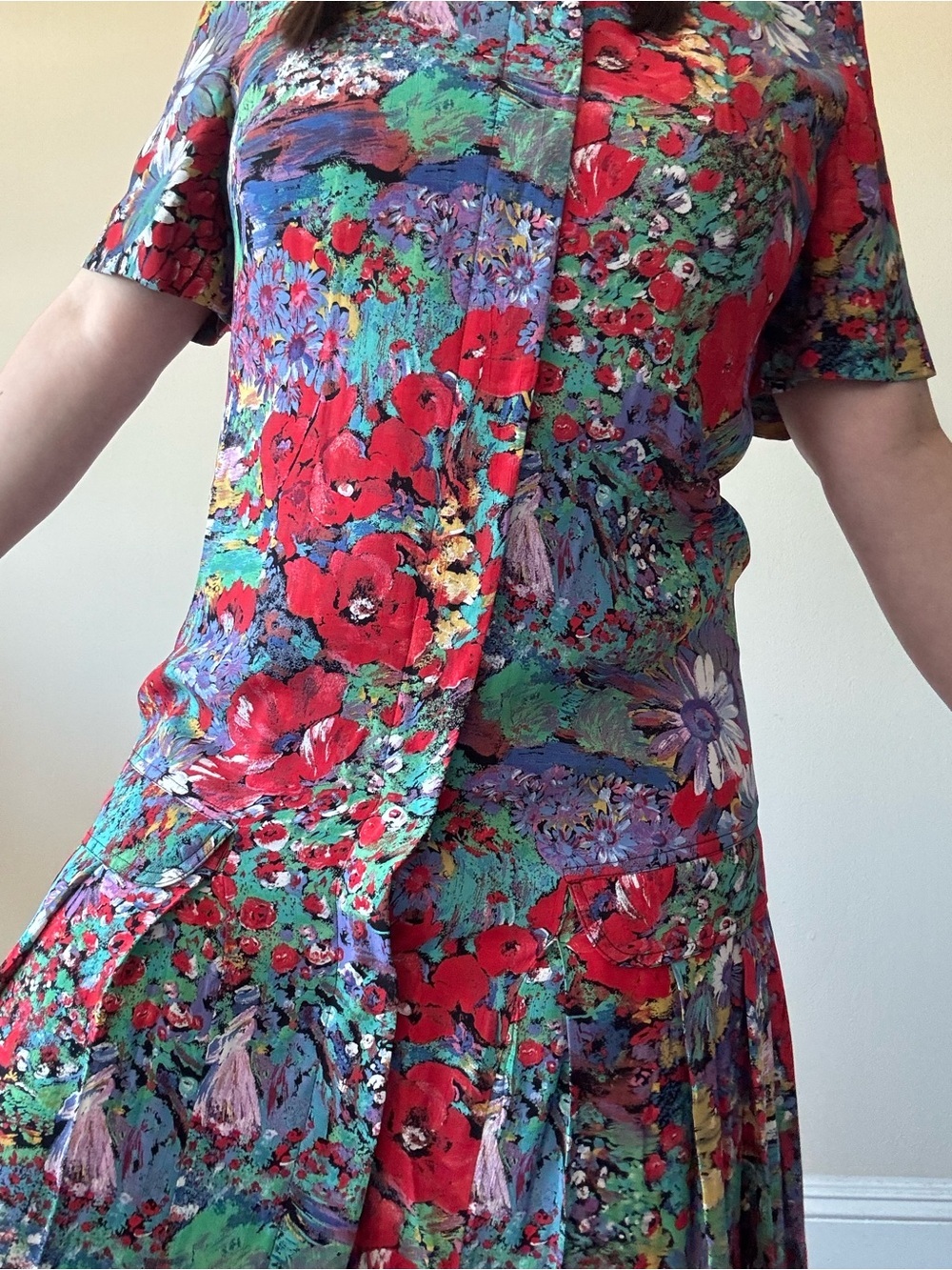 Vintage Liz Claiborne Red Multicolor Floral Button-Front Midi Dress - Picture 2 of 8